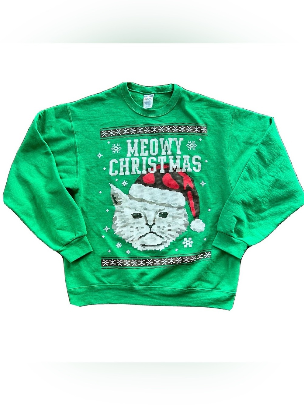 Jerzees Meowy Christmas Cat Ugly Christmas Sweatshirt Unisex Medium Green